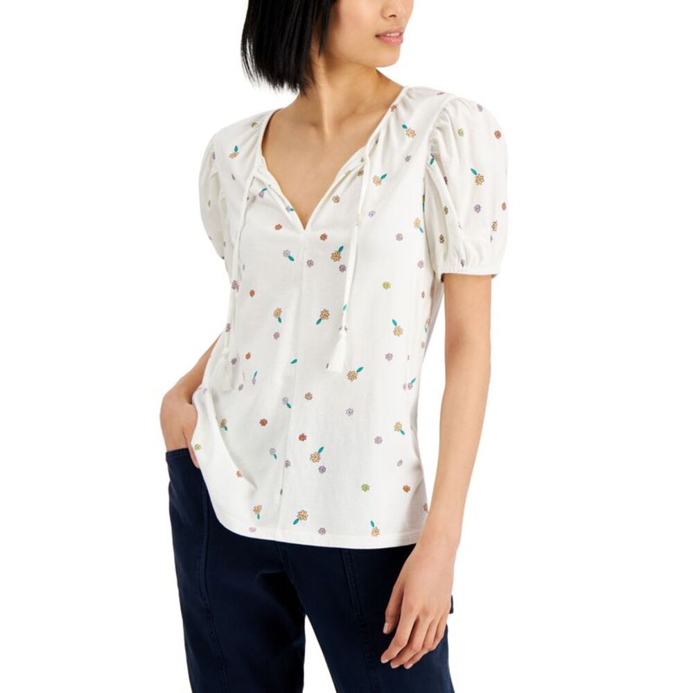 Style & Co Womens Printed Puff Sleeve Tie Neck Top